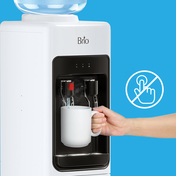 A hand holds a white mug under the spout of a white Brio water dispenser. Beside it, a symbol shows a hand with a finger touching a surface, crossed out with a line, on a blue background.